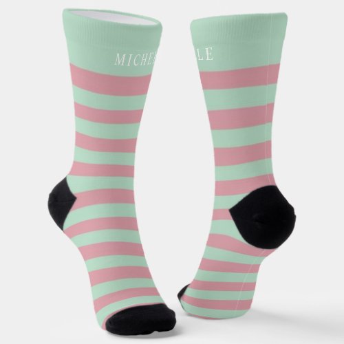 Green Blue Pink Lines Striped Custom Name  Socks