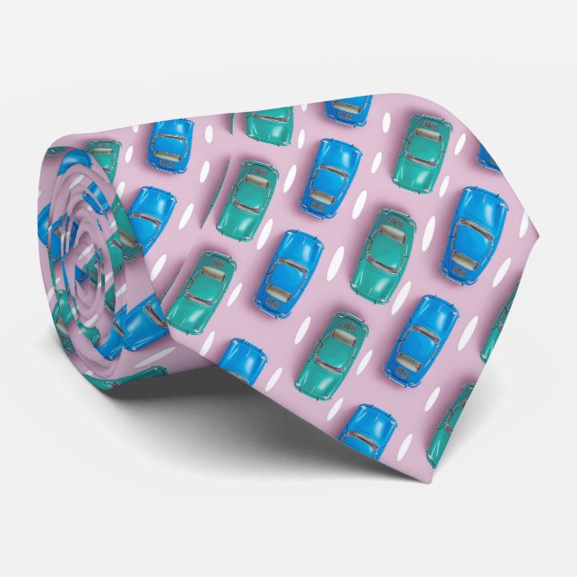 GREEN BLUE PINK MODERN CAR DESIGN NECK TIE (Rolled)