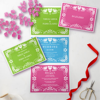 Green, blue pink papel picado lovebirds wedding Tri-Fold invitation