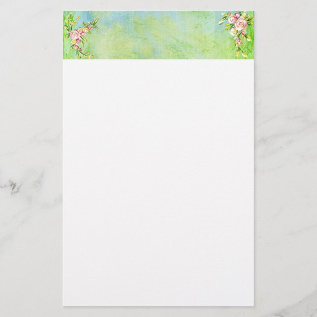 Green Blue Pink Roses Floral Wedding Header Stationery (Front)