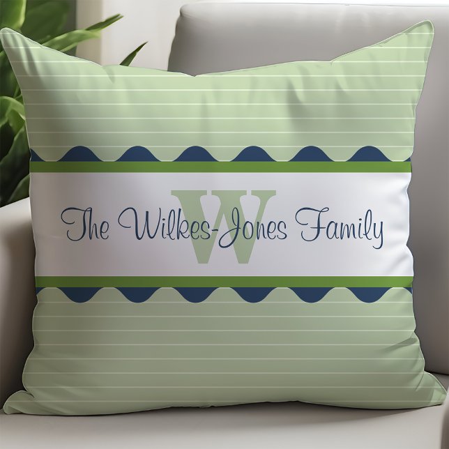 Green Blue Pinstripe Monogram Throw Pillow (Creator Uploaded)