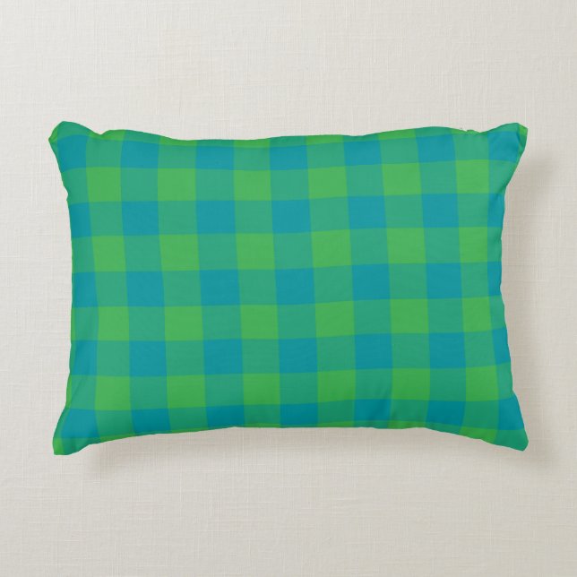 Green Blue Plaid Checker Pattern Accent Pillow (Front)