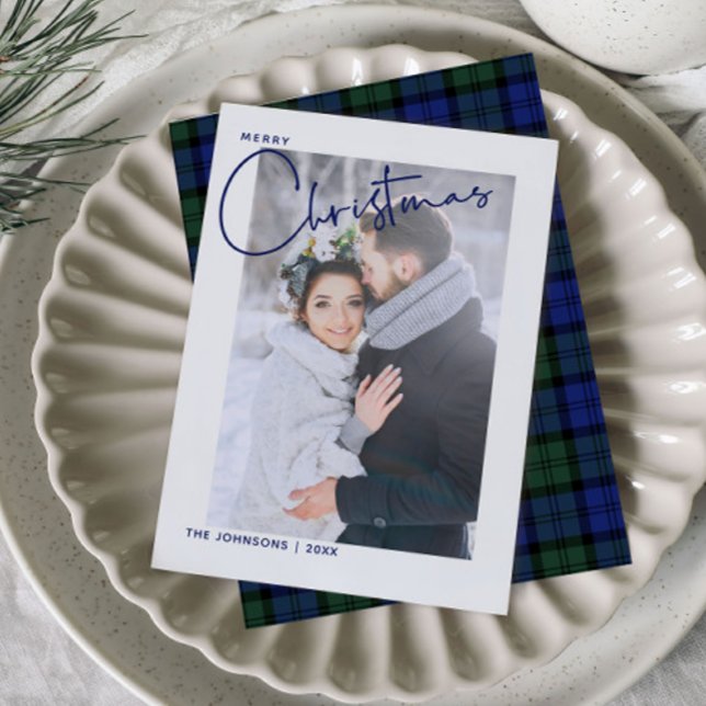Green & Blue Plaid Merry Christmas Script Photo Holiday Card (Creator Uploaded)