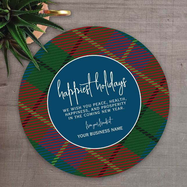 Green Blue Plaid with Corporate Greeting Business Holiday Card (A modern holiday card design for any small business)