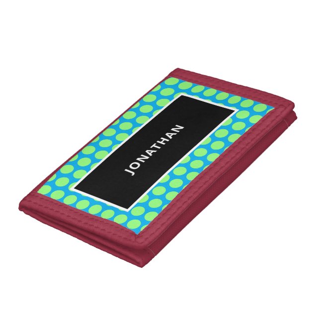 Green Blue Polka Dots Name Trifold Wallet (Bottom)
