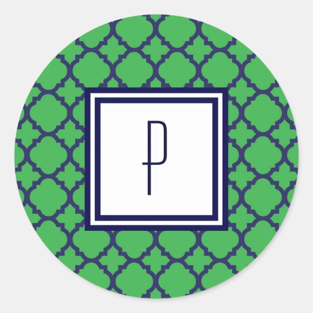 Green Blue Quatrefoil Monogram Stickers (Front)