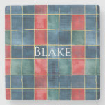 Green Blue Red Gold Plaid Stripes Christmas Stone Coaster