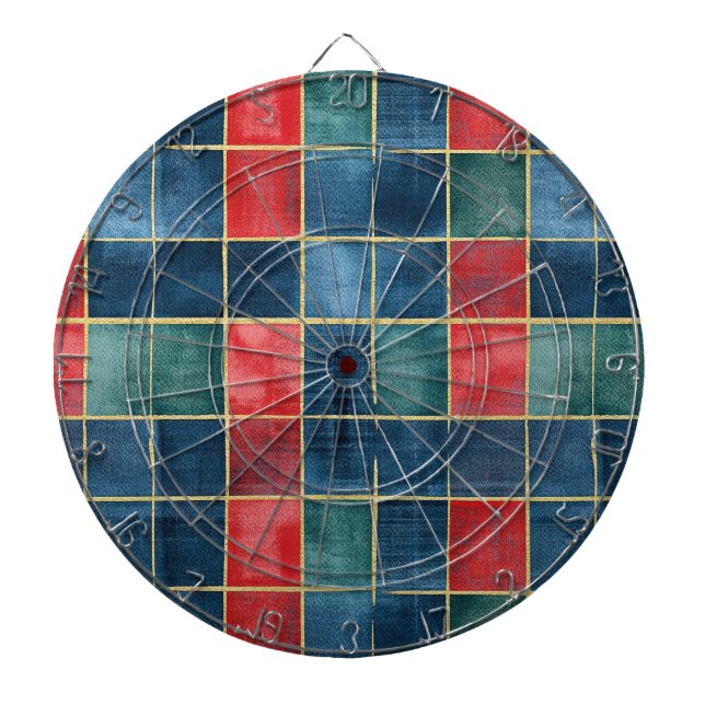Green Blue Red Gold Plaid Stripes Dart Board (Front)