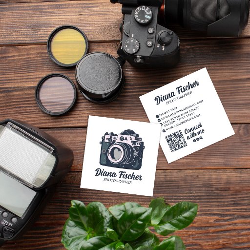 Customizable Green Blue Retro Charm Camera for Photographers Square Business Card