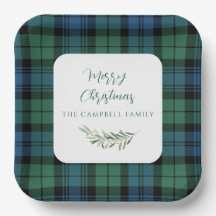 Green Blue Rustic Plaid Christmas Holiday Tartan Paper Plates