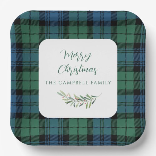 Green Blue Rustic Plaid Christmas Holiday Tartan Paper Plates