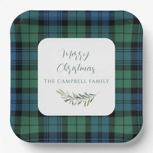 Green Blue Rustic Plaid Christmas Holiday Tartan Paper Plates (Front)