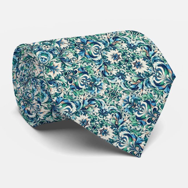 Green, Blue, Salmon & Cream Floral & Swirl Pattern Neck Tie (Rolled)