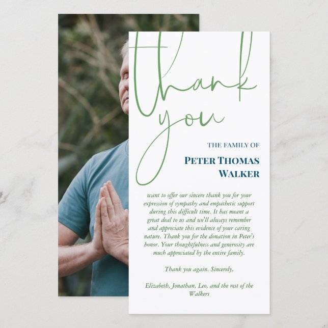 Green Blue Script & Photo Funeral Thank You Card (Front/Back)