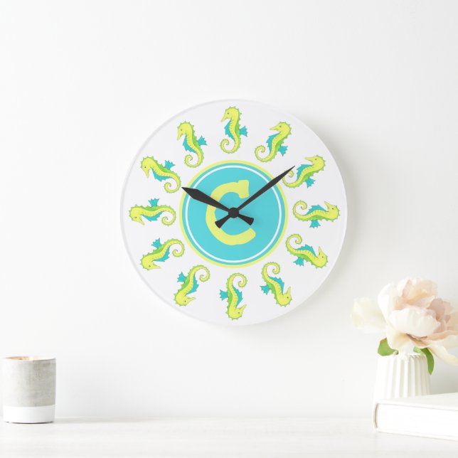 Green Blue Seahorse Ocean Life Sea Horse Initial Large Clock (Home)