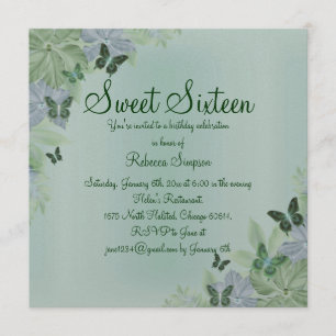 Green & Blue Shimmer Butterfly Sweet 16 Invite