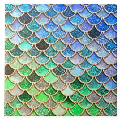 Green Blue Shiny Ombre Glitter Mermaid Scales Ceramic Tile