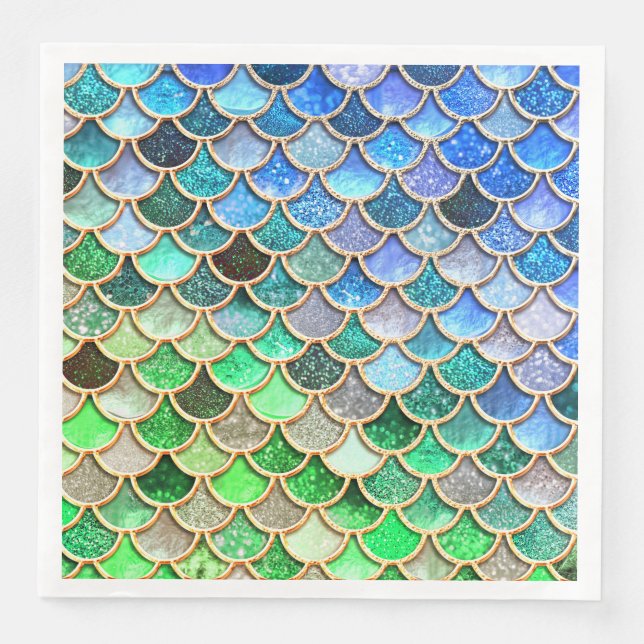 Green Blue Shiny Ombre Glitter Mermaid Scales Paper Dinner Napkins (Front)