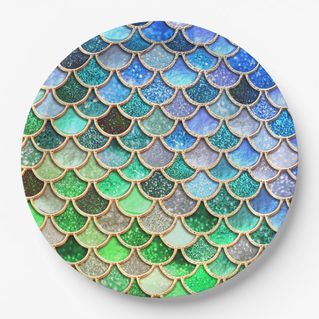 Green Blue Shiny Ombre Glitter Mermaid Scales Paper Plates (Front)