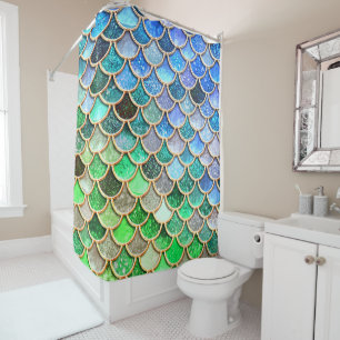 Green Blue Shiny Ombre Glitter Mermaid Scales Shower Curtain