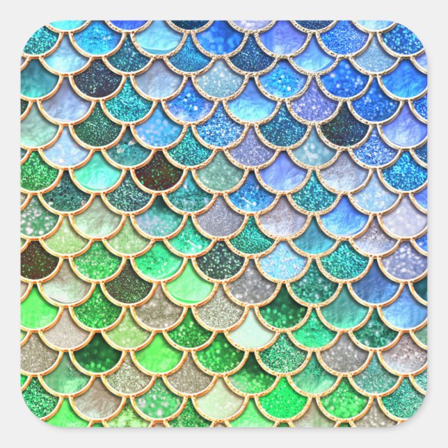 Green Blue Shiny Ombre Glitter Mermaid Scales Square Sticker (Front)