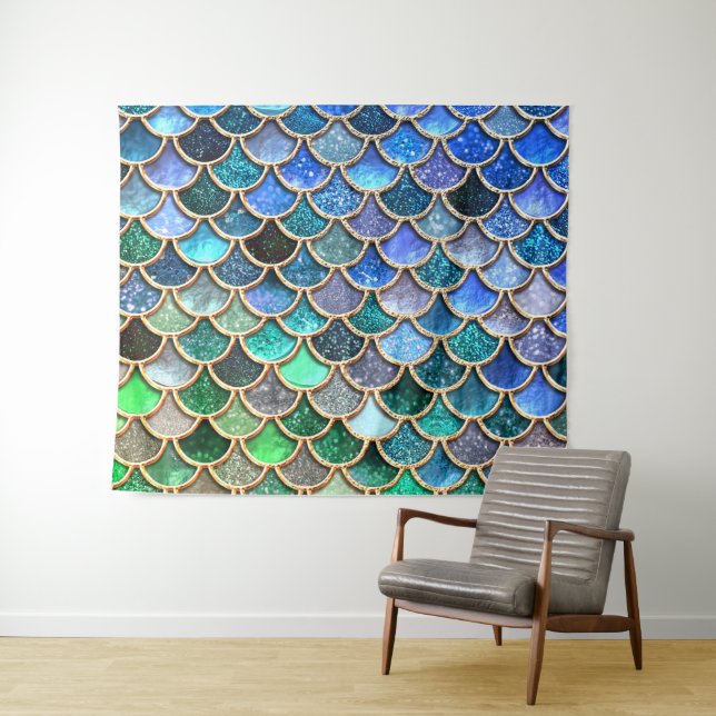 Green Blue Shiny Ombre Glitter Mermaid Scales Tapestry (In Situ (Horizontal))