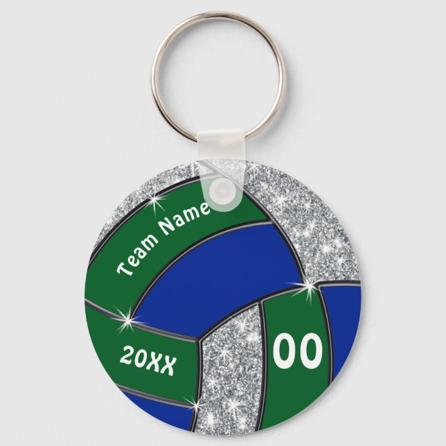 Green, Blue, Silver Volleyball Key Rings Your TEXT (Front)