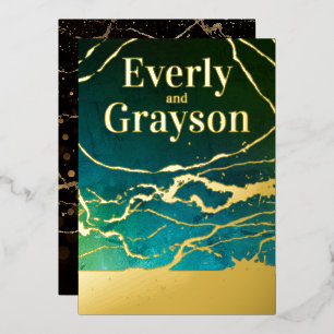 Green Blue Sky Galaxy Marble Gold Wedding Foil Invitation