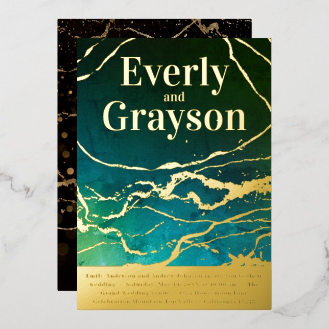 Green Blue Sky Galaxy Marble Gold Wedding     Foil Invitation (Front/Back)
