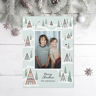 Green blue Snowy A-Frames Winter Cabin Photo Holiday Card