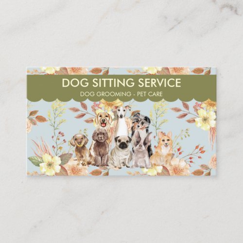 Green Blue Spring Flowers Watercolor Dogs Business Card