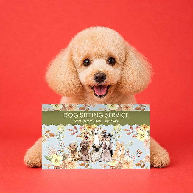 Green Blue Spring Flowers Watercolor Dogs Business Card
