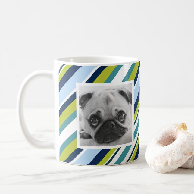 Green Blue Stripe Pattern Custom Photo Mug (With Donut)