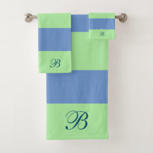 Green & Blue Stripes Monogram Bath Towel Set