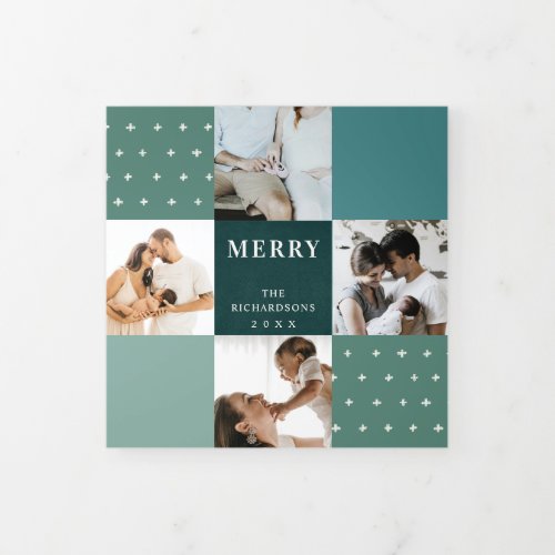 Green Blue Teal Plaid 7 Photo Merry Christmas Tri_Fold Holiday Card