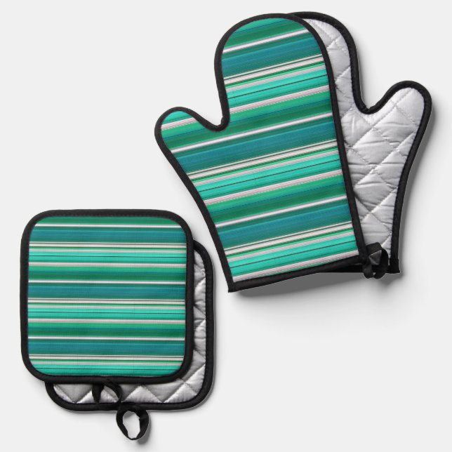 Green Blue Teal Stripes Design Oven Mitt & Pot Holder Set (Front/Back)