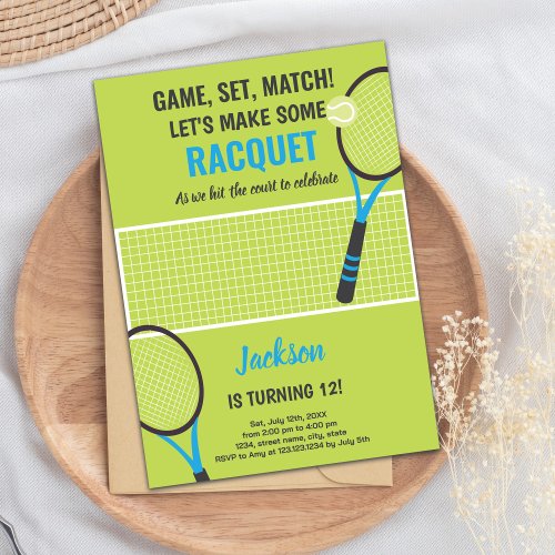 Green Blue Tennis Birthday Invitations