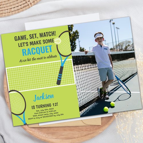 Green Blue Tennis Birthday Invitations w photo