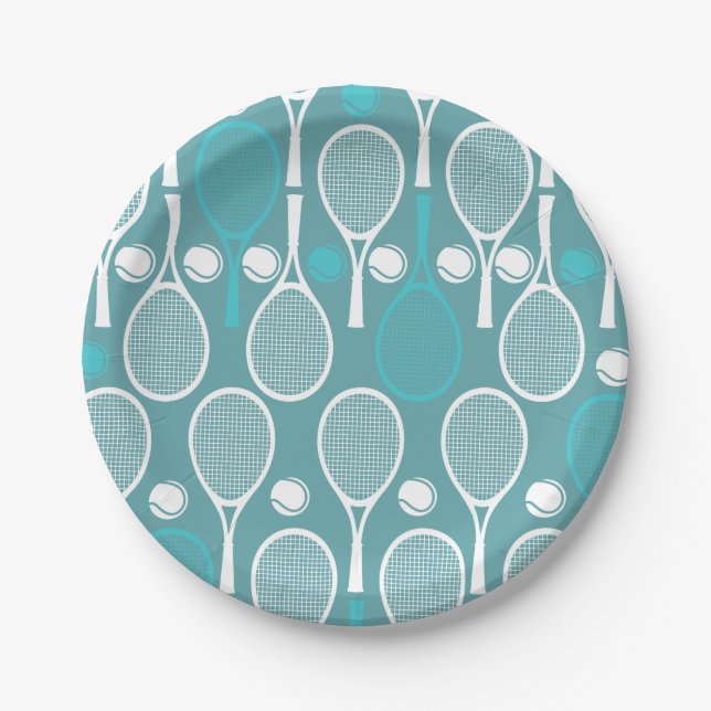 Green Blue Tennis Racket Pattern Player Birthday Paper Plates (Front)