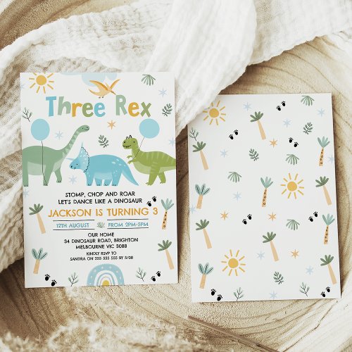 Green Blue Three Rex Dinosaur 3rd Birthday  Invitation