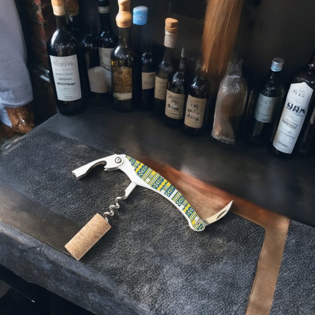 Green Blue Traditional Tribal Pattern Waiter's Corkscrew (Corkscrew Bottle Opener)