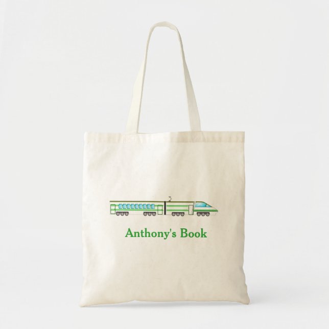 Green & Blue train kids named library Tote Bag (Front)