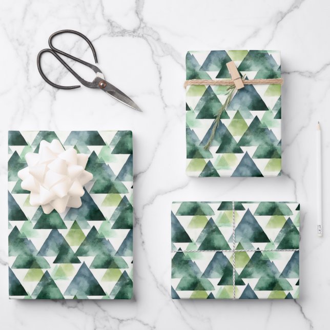 Green & Blue Triangles on White Wrapping Paper Sheets (Front)