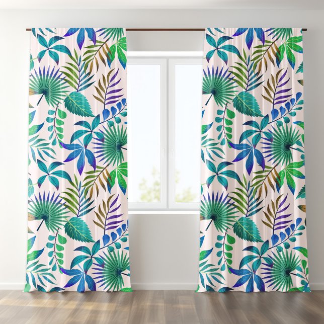 Green Blue Tropical Leaves Pattern Blackout Curtains (Creator Uploaded)