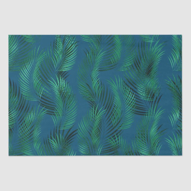 Green Blue Tropical Leaves Tissue Paper (Front)