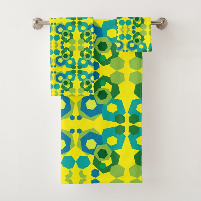 Green Blue Turquoise Yellow Hexagon Bath Towel Set (Insitu)