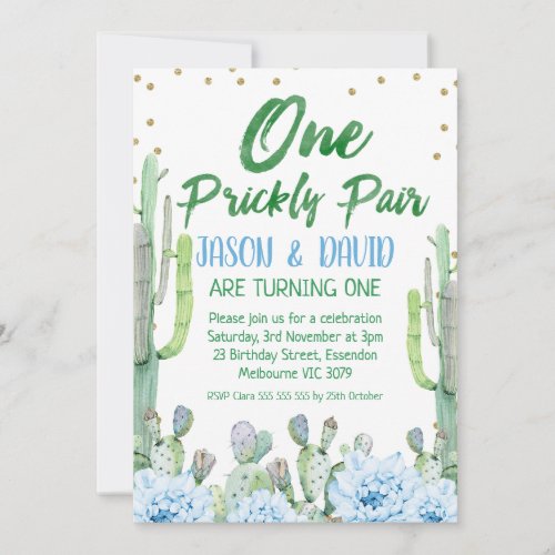 Green Blue Twins One Prickly Pair 1st Birthday Invitation
