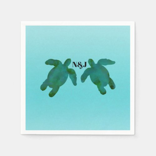 Green Blue Watercolor 2 Ocean Sea Turtles Wedding Paper Napkins