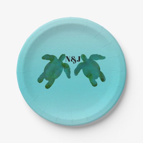 Green Blue Watercolor 2 Ocean Sea Turtles Wedding Paper Plates