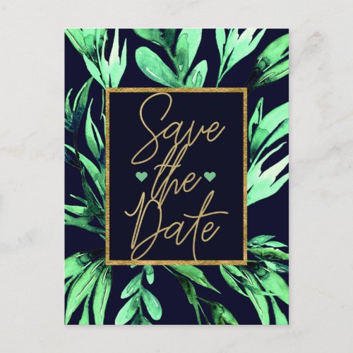 Green Blue Watercolor Botanical Glam Save the Date Announcement Postcard